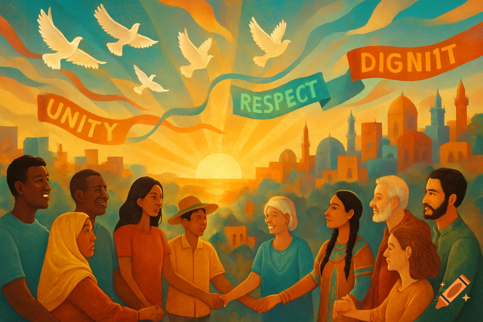 An illustration of diverse people holding hands under banners reading "UNITY," "RESPECT," and "DIGNIIT" with doves flying, a cityscape, and a sunrise.