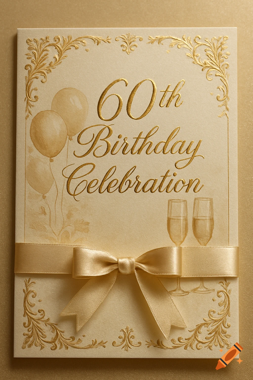 Cream-colored 60th birthday invitation card with gold embossed text, watercolor balloons, champagne flutes, and a gold satin ribbon.