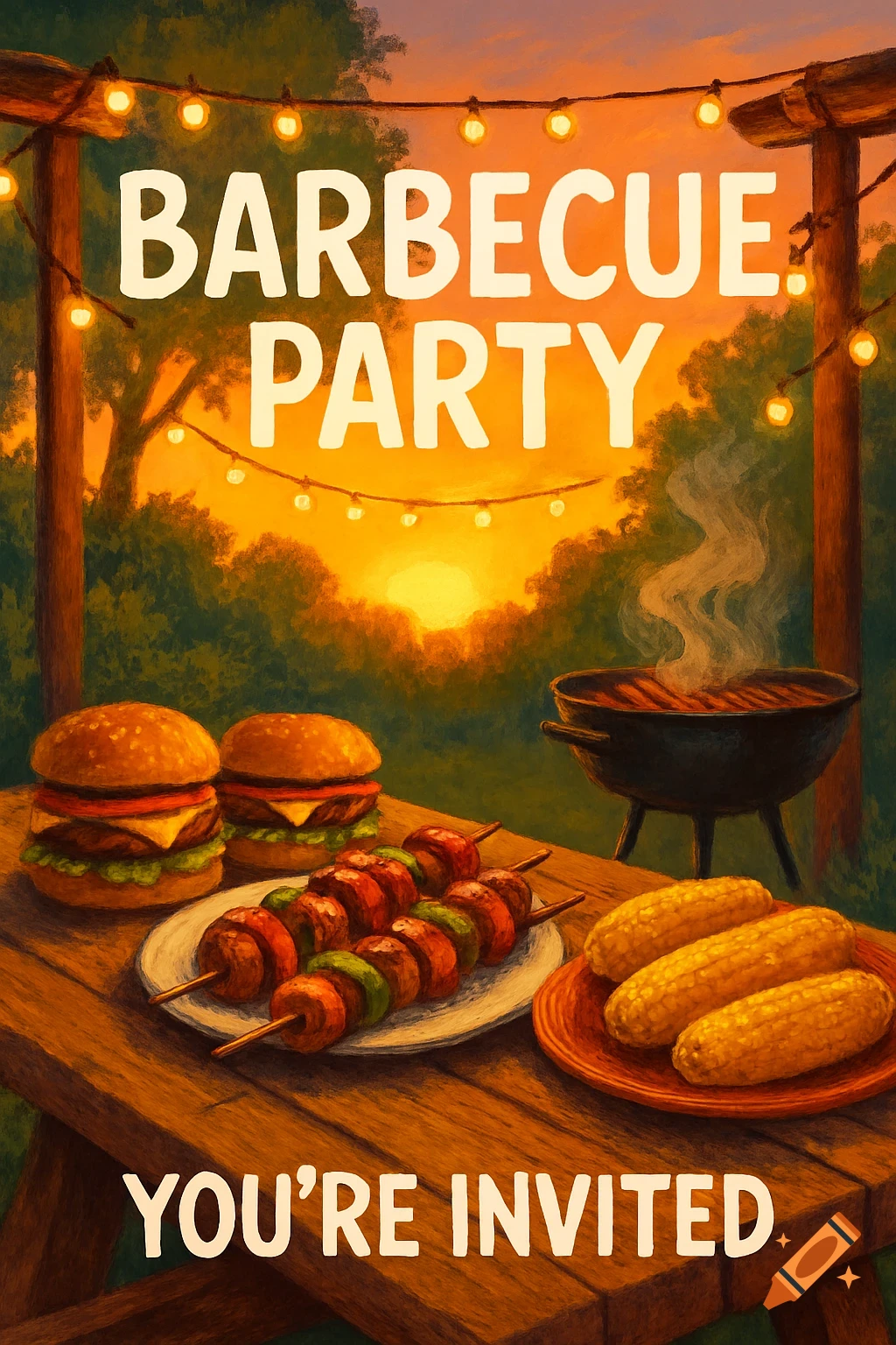 An illustrated barbecue party invitation at sunset, featuring burgers, skewers, corn, and a grill.