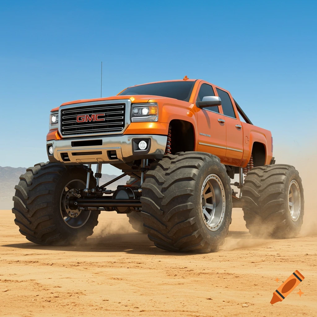 An orange GMC monster truck with massive tires drives through a sandy desert under a clear blue sky, kicking up dust.
