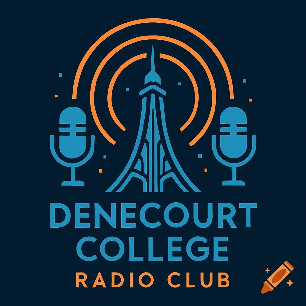 A blue and orange logo features an Eiffel Tower-like structure broadcasting, flanked by two microphones, with the text 'DENECOURT COLLEGE RADIO CLUB'.