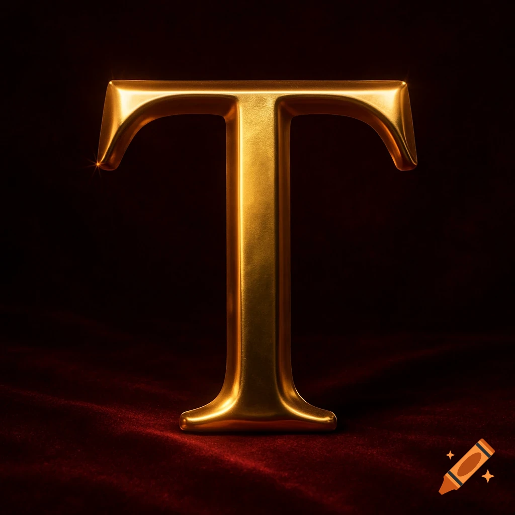 A shiny, three-dimensional golden letter T rests on a dark red velvet surface.