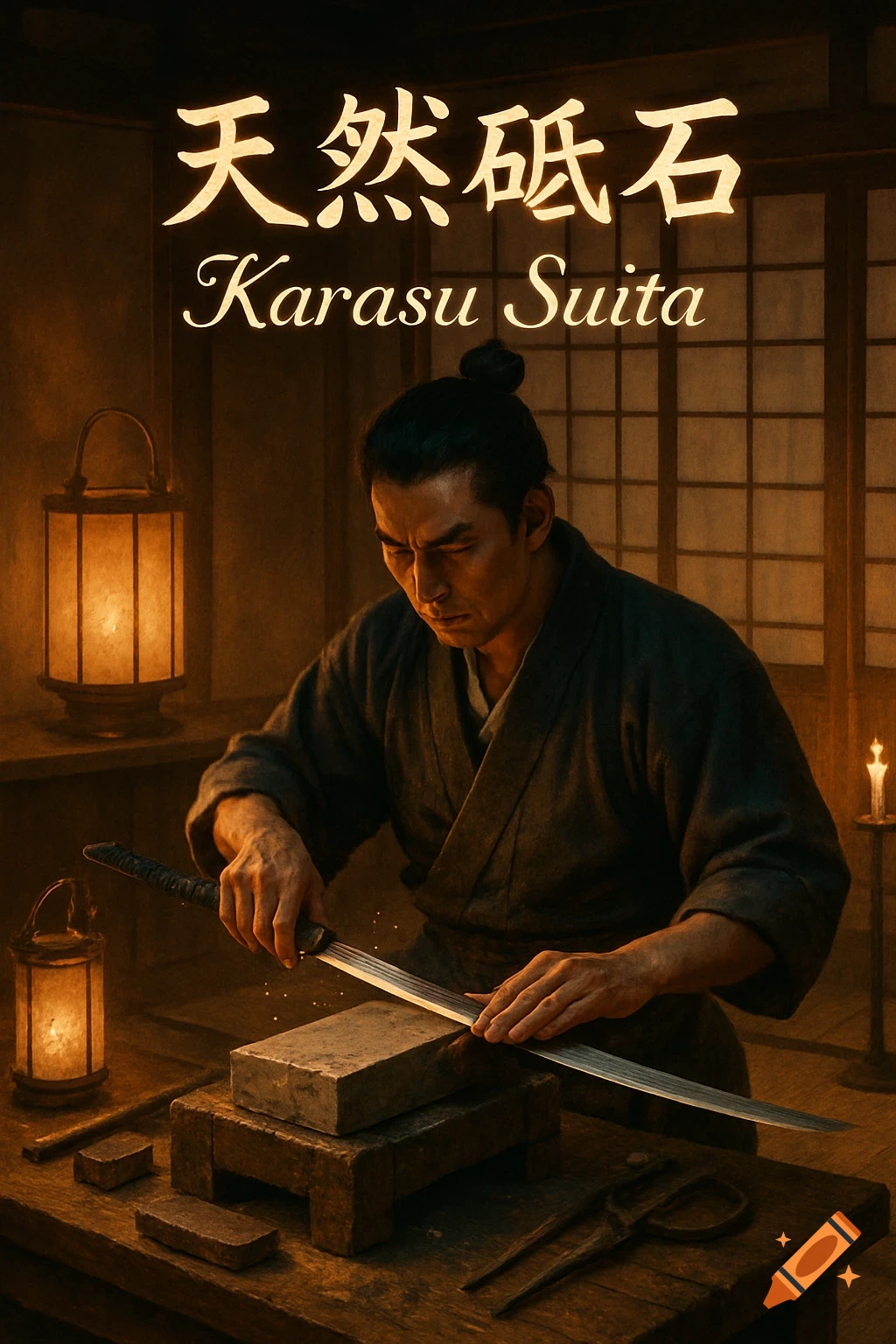 A man in traditional Japanese attire meticulously sharpens a katana on a whetstone in a warmly lit, traditional setting.