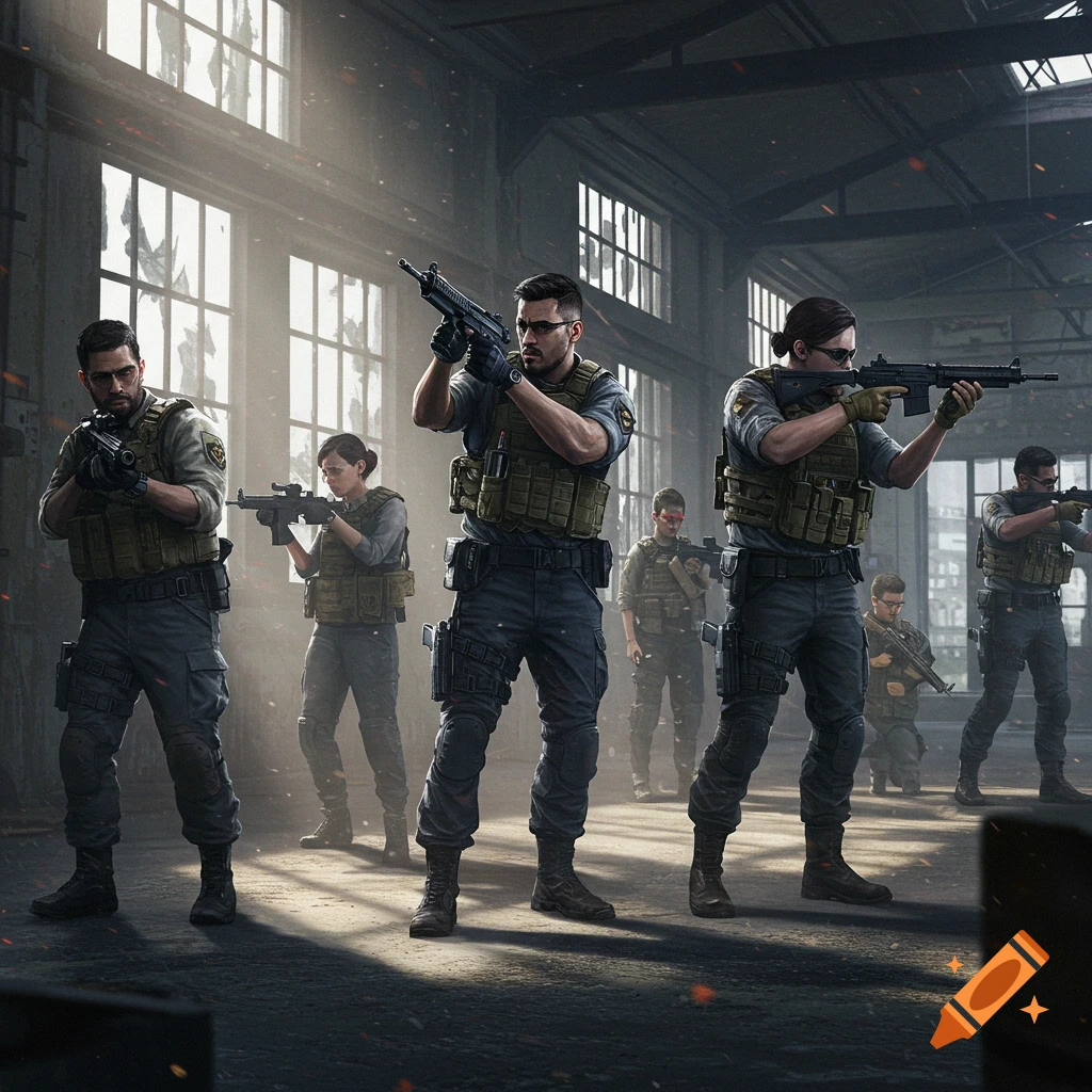 A group of heavily armed tactical police or military personnel holding rifles and pistols in a derelict, industrial-style building.