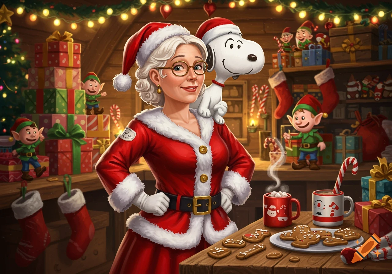 An illustration of Mrs. Claus in a red dress with Snoopy on her shoulder in a festive Christmas workshop with elves and gifts.