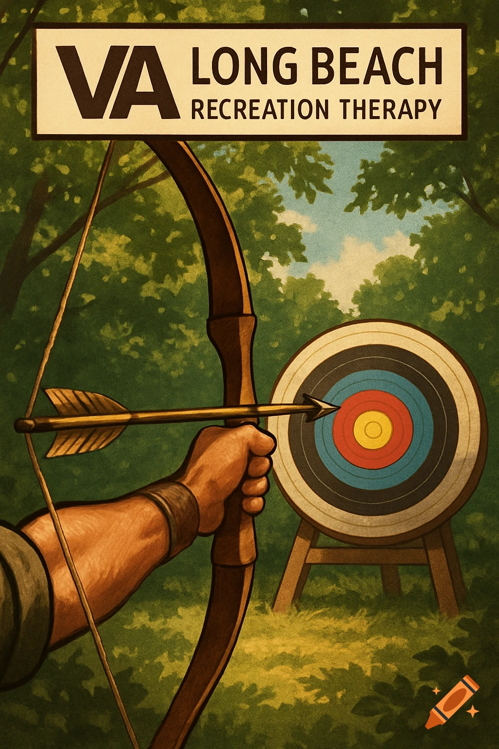 A stylized poster showing a hand drawing a bow and arrow towards a target in a forest, with a 'VA Long Beach Recreation Therapy' sign.