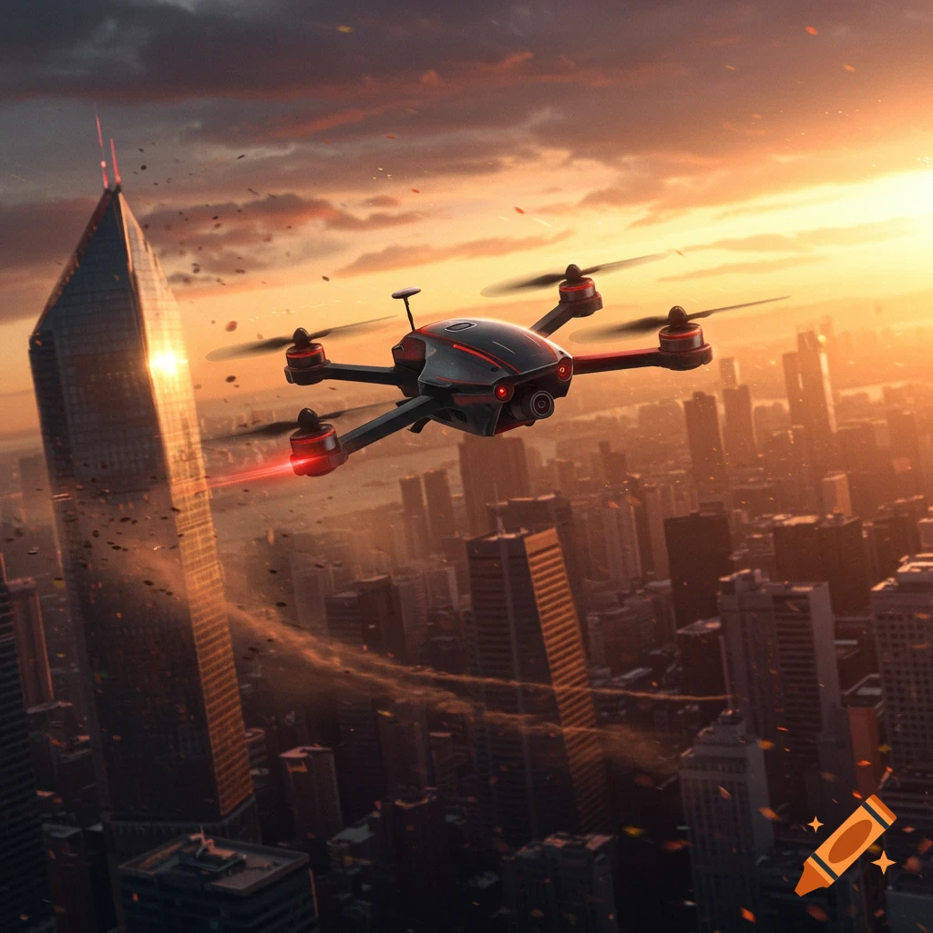 A futuristic black drone with red lights flies above a sprawling city skyline at sunset, with a prominent skyscraper on the left.