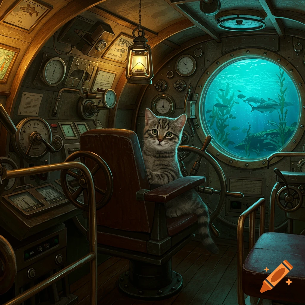 A tabby cat sits in a captain's chair inside a detailed steampunk submarine, looking out a large porthole at underwater sea life.