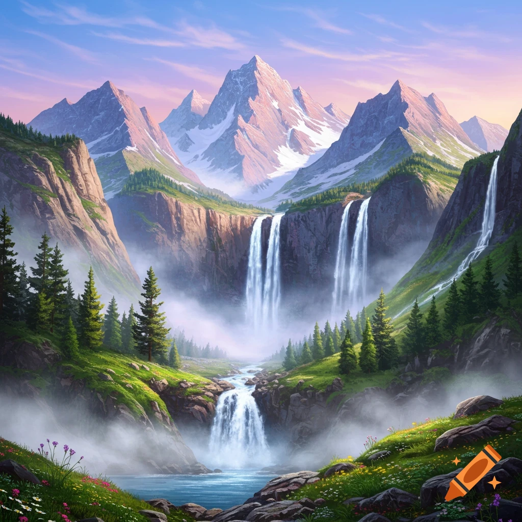 Vibrant landscape with majestic snow-capped mountains, cascading waterfalls, and lush green valleys shrouded in mist.