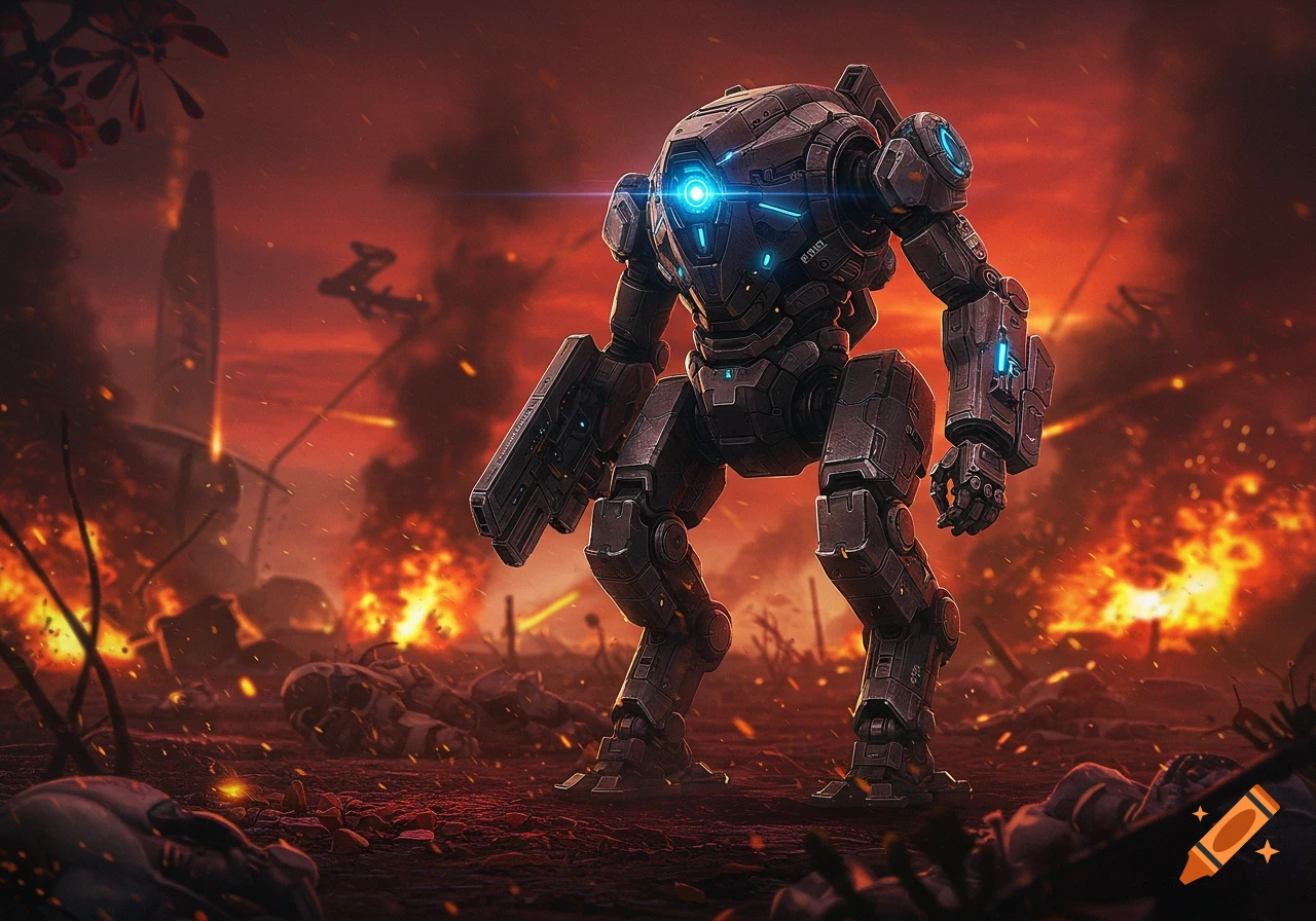 A heavily armored, dark grey robot with glowing blue accents stands amidst a fiery, war-torn landscape under a red sky, in a detailed digital art style.