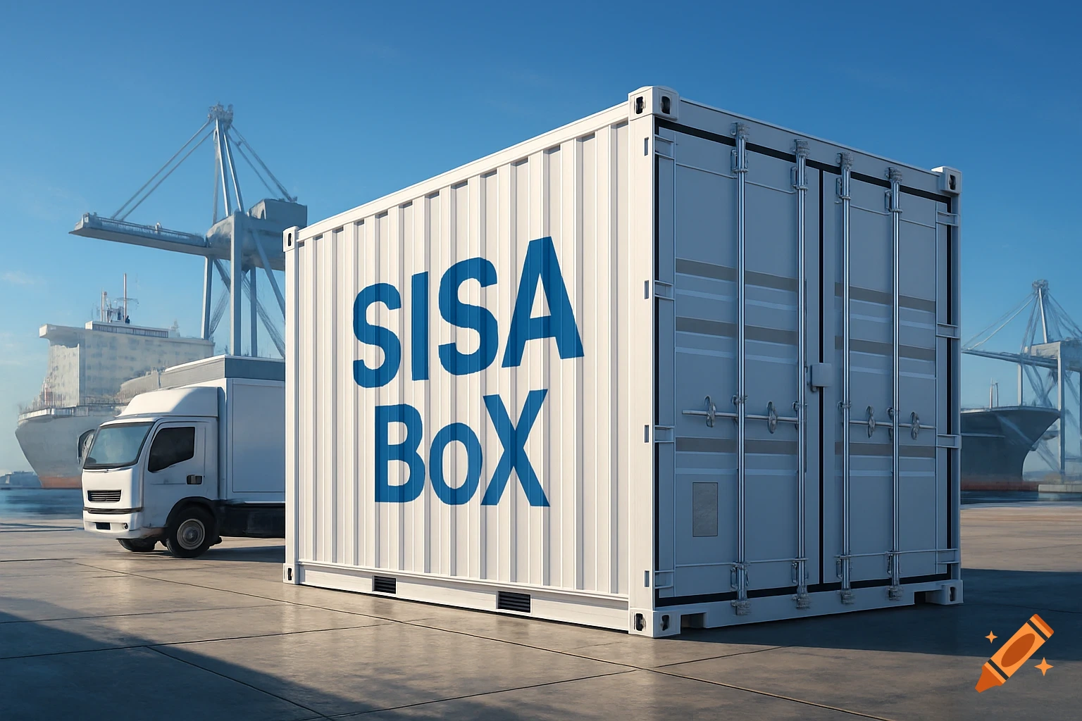 Photorealistic image of a white shipping container marked 'SISA BoX' at a port with a truck, ships, and cranes.
