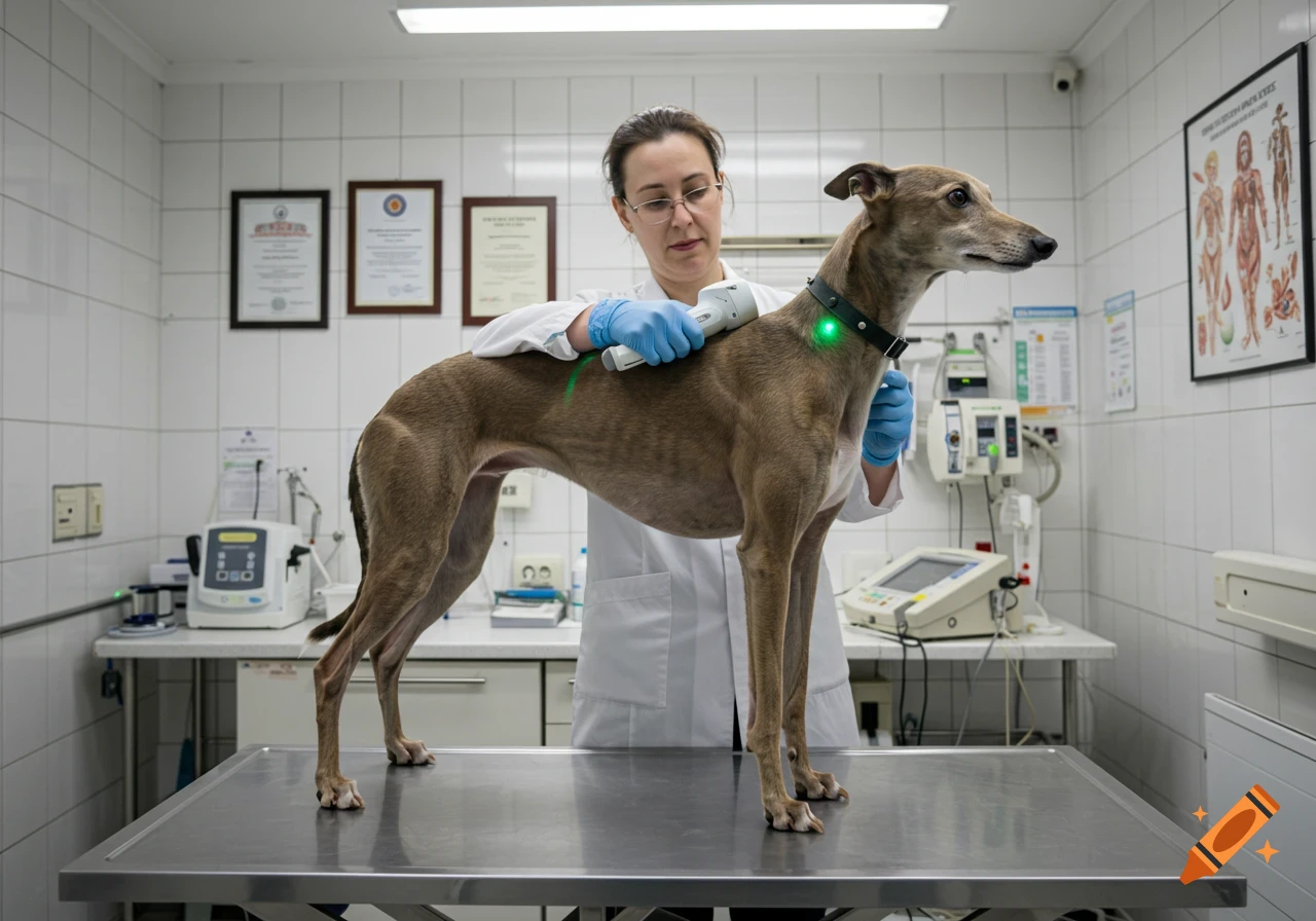 A veterinarian scans a greyhound on a metal examination table in a clinic, with medical equipment in the background. Photorealistic.