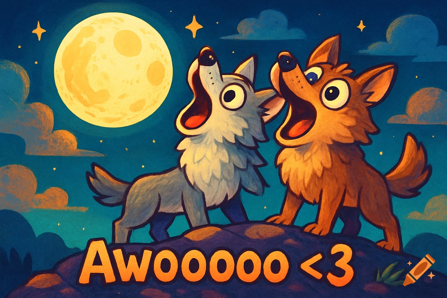 Awooooo Two grey and brown cartoon wolves howl at a large full moon in a starry ...