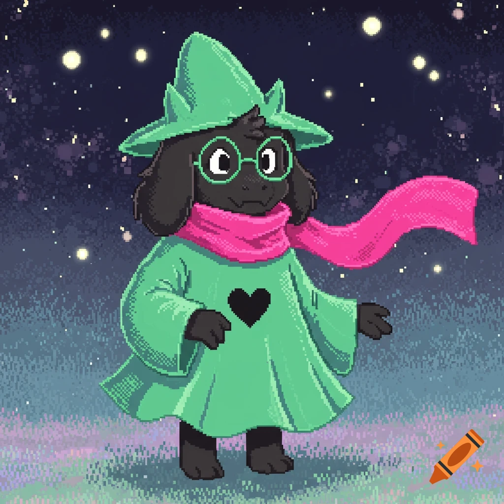 Pixel art of Ralsei from Deltarune, a fluffy dark-furred character with a green hat, glasses, pink scarf, and green robe, standing under a starry sky.