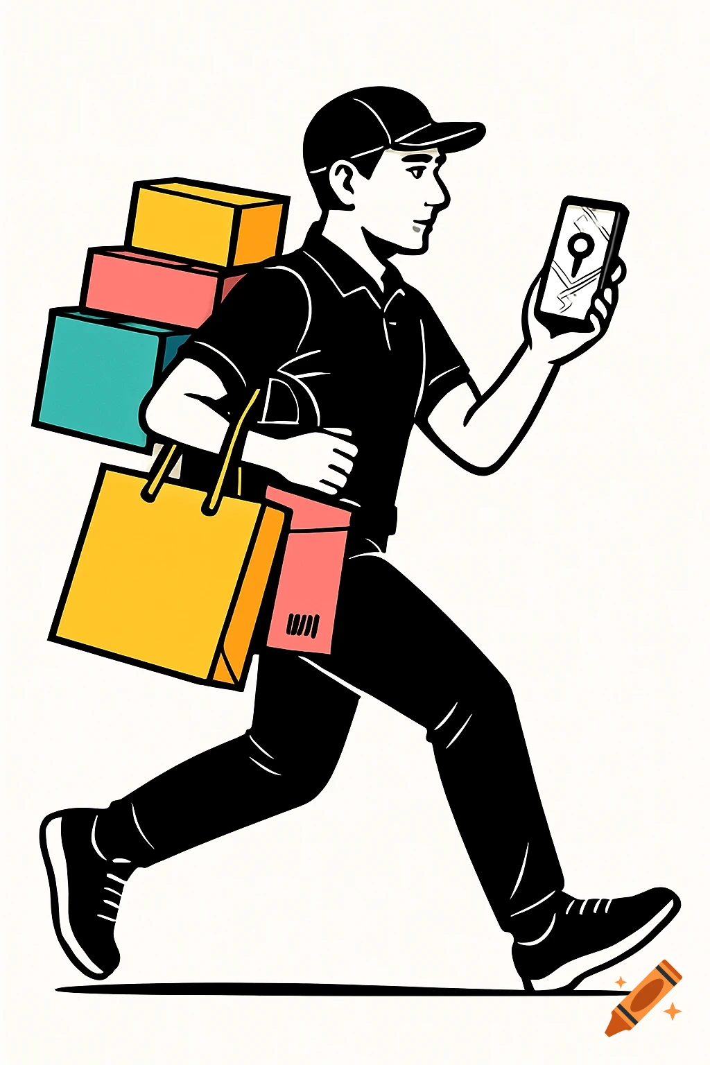 Vector illustration of a courier running with shopping packages and looking at a GPS app on a phone.