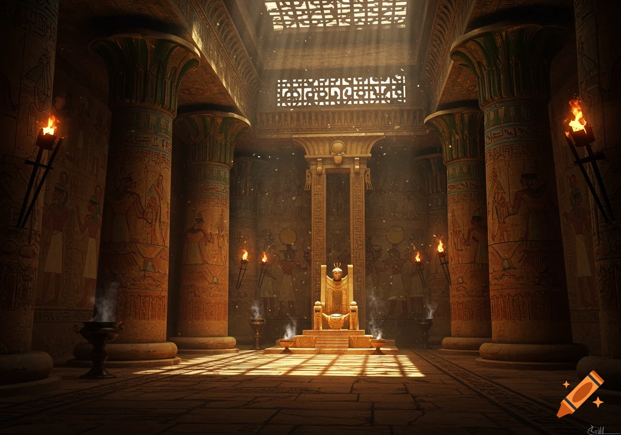 A grand, sunlit ancient Egyptian temple interior with towering columns adorned with colorful hieroglyphs, leading to a golden throne.
