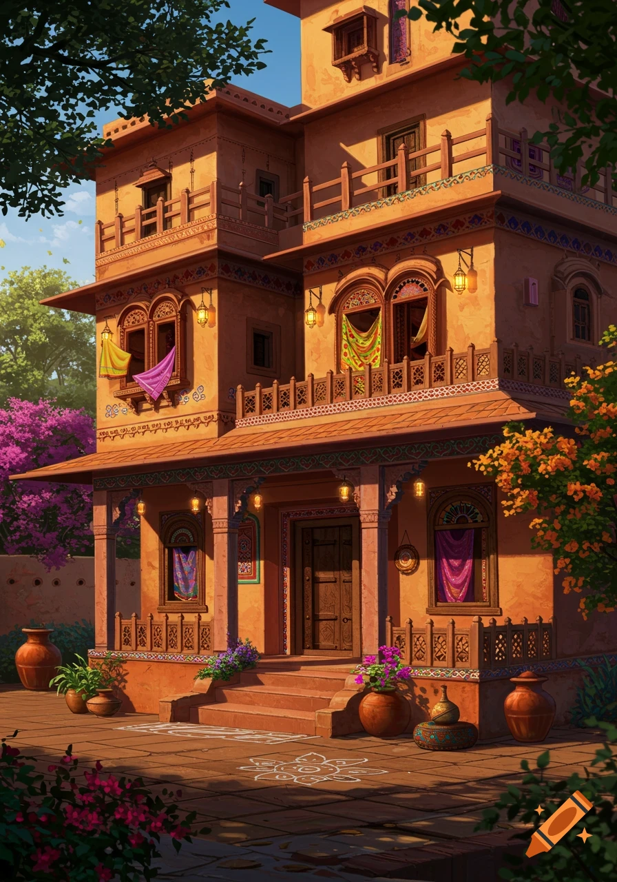 A vibrant, detailed illustration of a traditional Indian house with ornate architecture, balconies, colorful textiles, and lush plants.