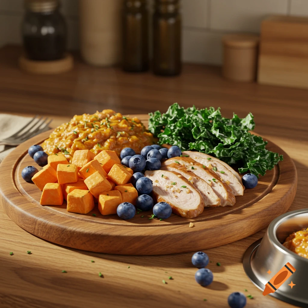A close-up of a serving of dog food on a wooden board, featuring sliced chicken, diced sweet potatoes, kale, blueberries, and mashed food, with a metal dog bowl nearby.