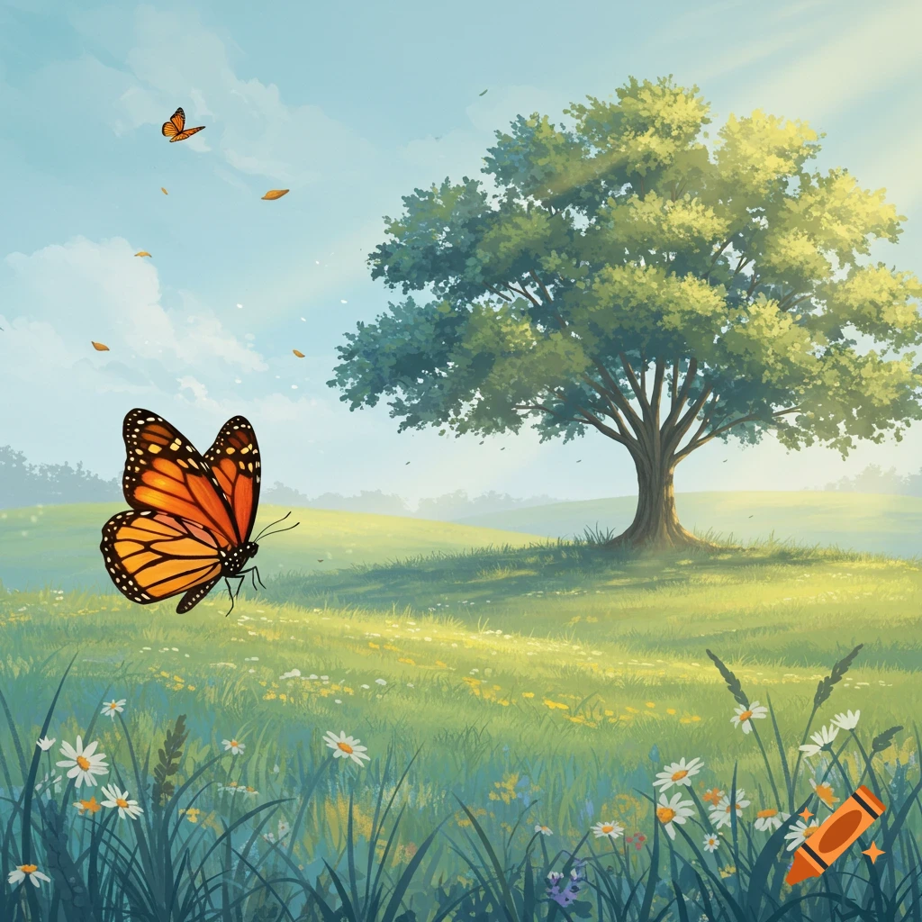 A vibrant, sunny meadow with a large green tree on a hill, a monarch butterfly in the foreground, and scattered wildflowers.