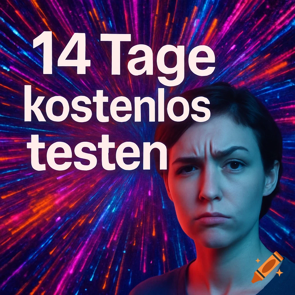 A skeptical woman against a vibrant, colorful starburst background with the German text '14 Tage kostenlos testen'.