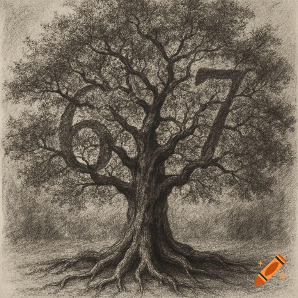 Charcoal drawing of a majestic tree with exposed roots and dense foliage, forming the numbers 67 in its branches.