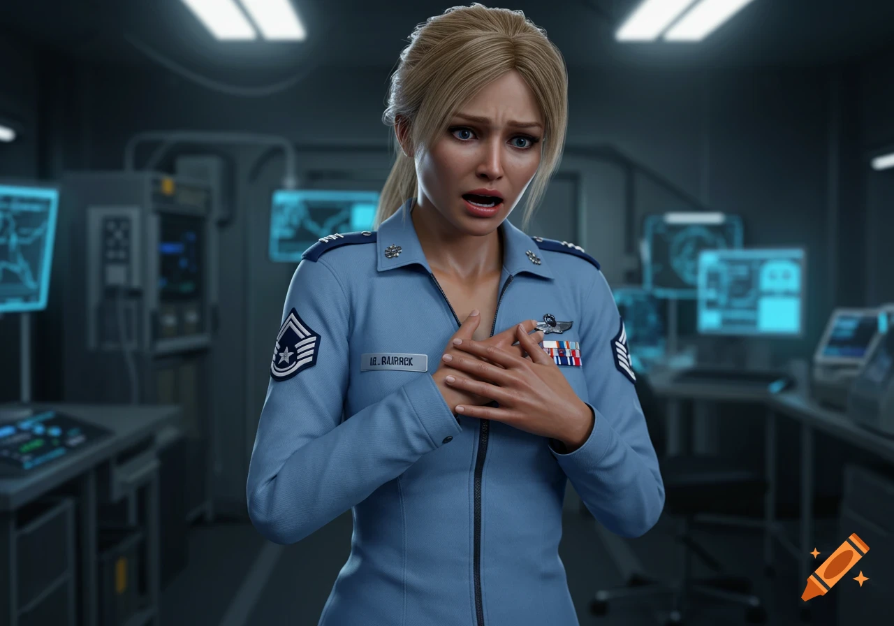 A distressed blonde woman in a light blue military uniform with a garbled name tag, clutching her chest, stands in a dark, futuristic laboratory.