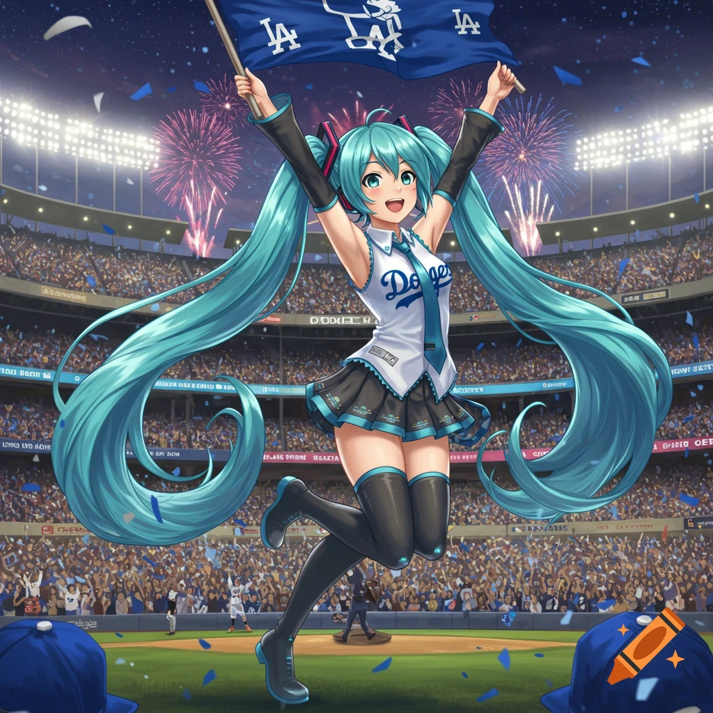 Hatsune Miku in a Dodgers uniform waves a blue flag in a crowded baseball stadium with fireworks at night, anime style.