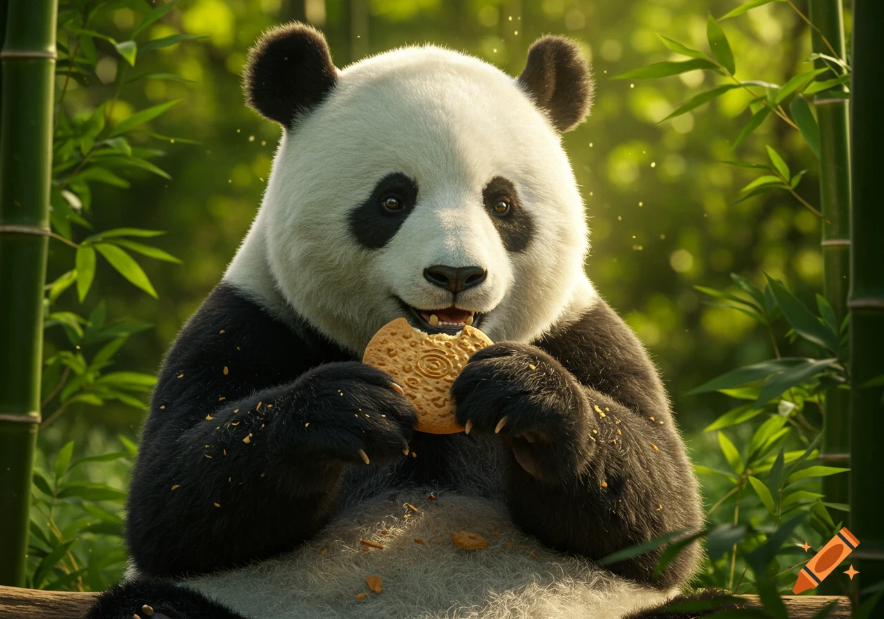 A photorealistic panda sitting in a bamboo forest, happily eating a ...