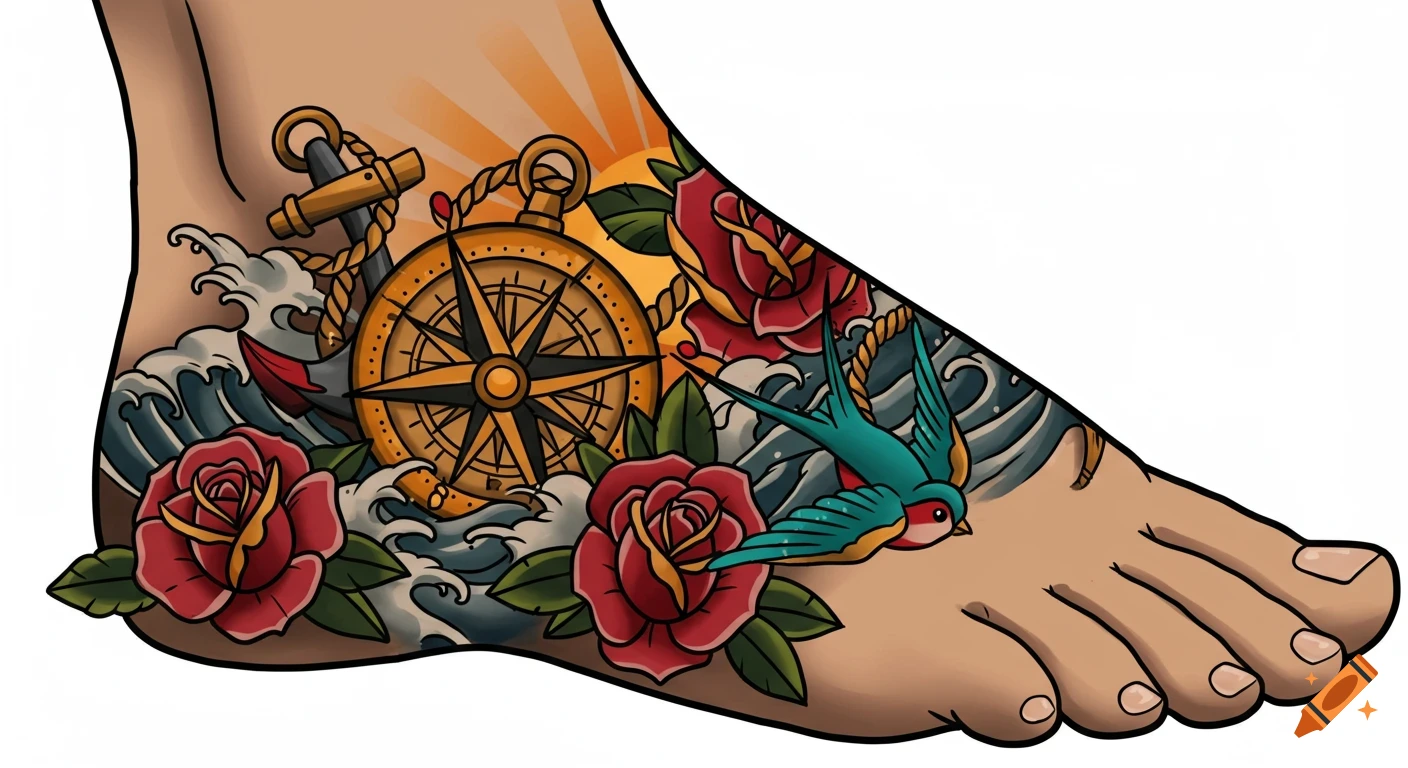 A colorful traditional tattoo on a foot, featuring a compass, anchor, swallow bird, red roses, and waves.