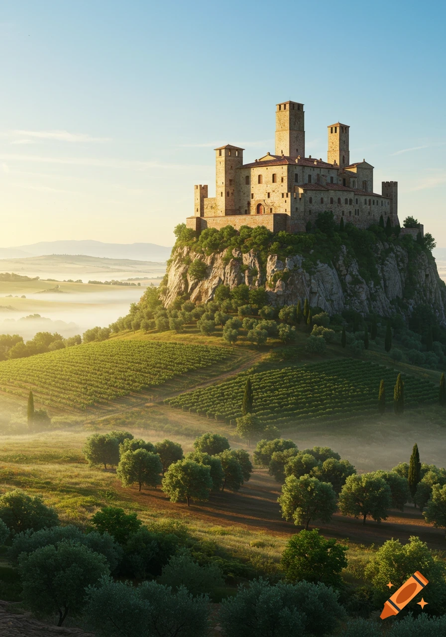 A majestic medieval castle atop a rocky hill, surrounded by misty green ...