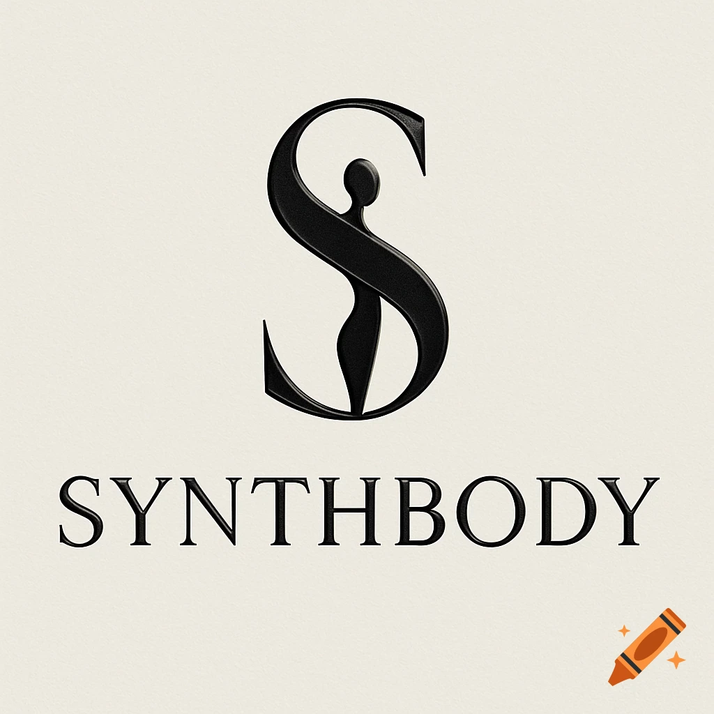 Minimalist black logo with a stylized 'S' forming a female silhouette above 'SYNTHBODY' on a light background.