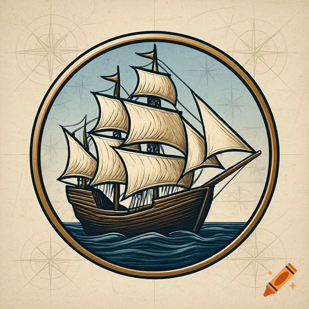 A vintage-style nautical logo of a caravel ship sailing on waves within a gold-rimmed circle, on a parchment background with faint compass roses.