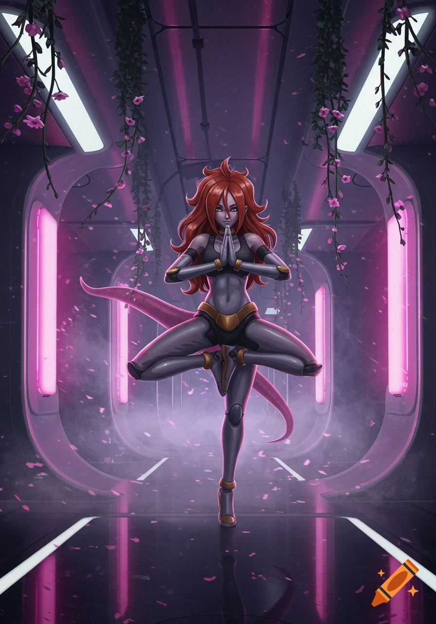 Android 21 in a gray suit doing a yoga tree pose in a neon-lit futuristic purple corridor with hanging pink flowers.