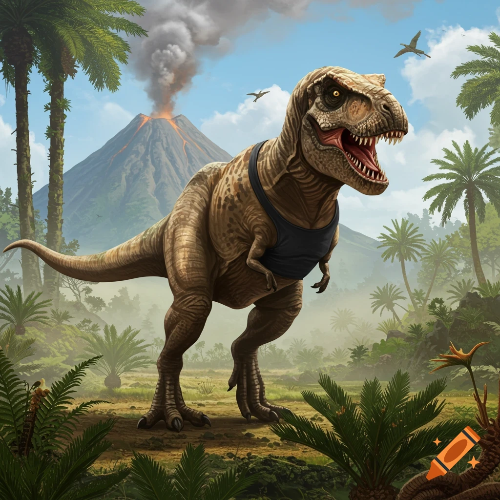 A T-Rex wearing a black tank top stands in a prehistoric jungle with an erupting volcano and palm trees. Illustrated.