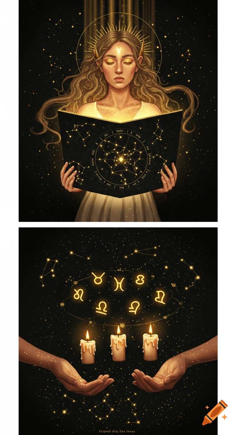 A two-panel image. Top: A mystical woman with golden hair and eyes, halo, holding a glowing book with a zodiac chart on a starry black background. Bottom: Two hands holding three floating lit candles, surrounded by golden zodiac symbols and stars.