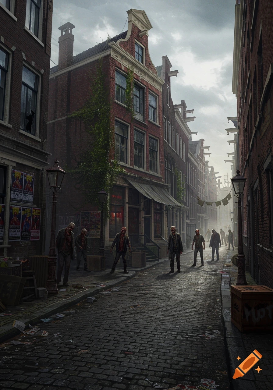 A dark, atmospheric street scene in Amsterdam with old brick buildings and a horde of zombies in the style of The Walking Dead. The sky is overcast.