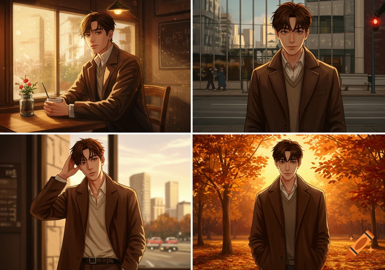 Four anime-style images of a man with brown hair and eyes in autumn settings: a cafe, city street, and park.