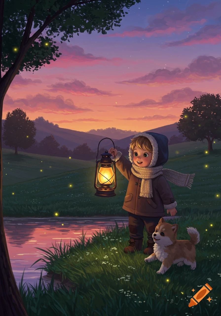 A stylized illustration of a child in warm clothes holding a lantern, walking with a puppy by a river at sunset with fireflies.