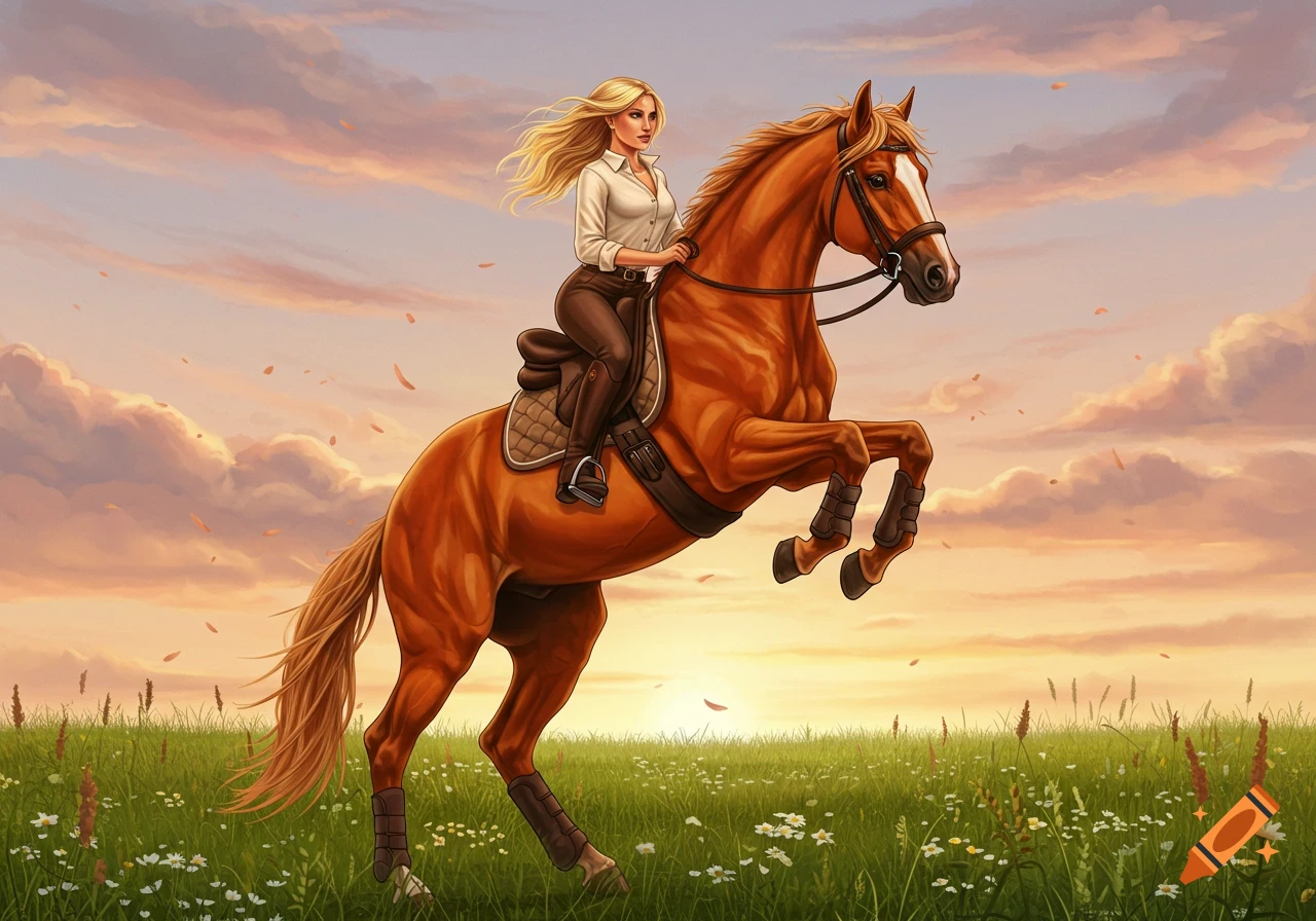 Blonde woman in riding gear on a rearing brown horse in a grassy field at sunset, digital art.