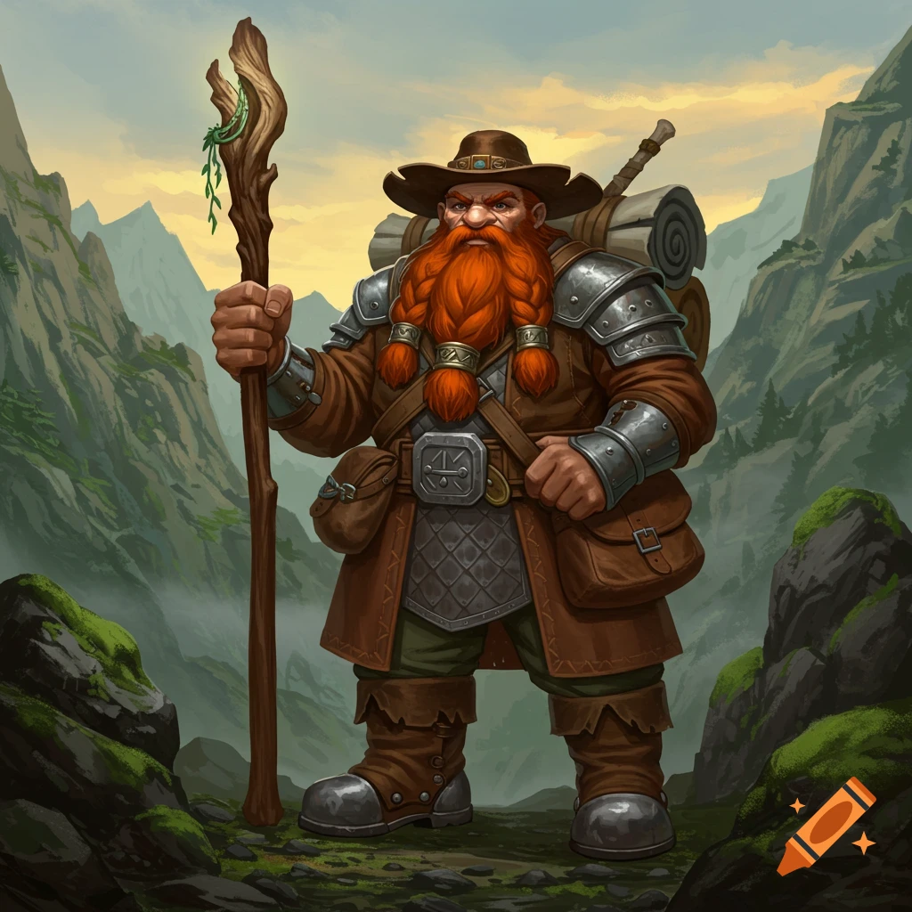 A stout dwarf with a braided red beard, hat, traveler's clothes, and armor stands with a staff in a mountainous landscape at dusk.