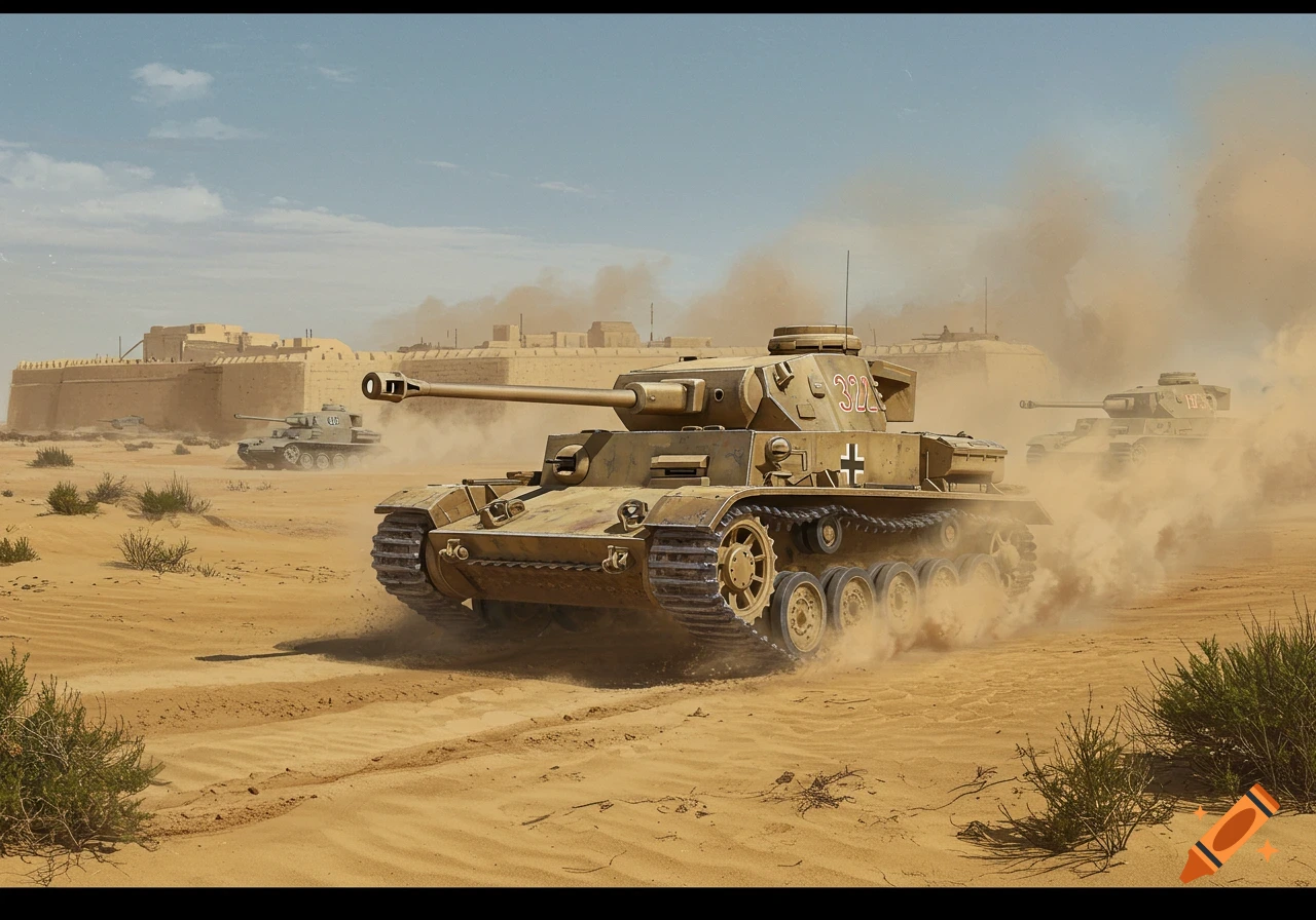 A tan German Panzer tank with '322' and a cross mark kicks up dust in a desert with other tanks and desert fortifications.