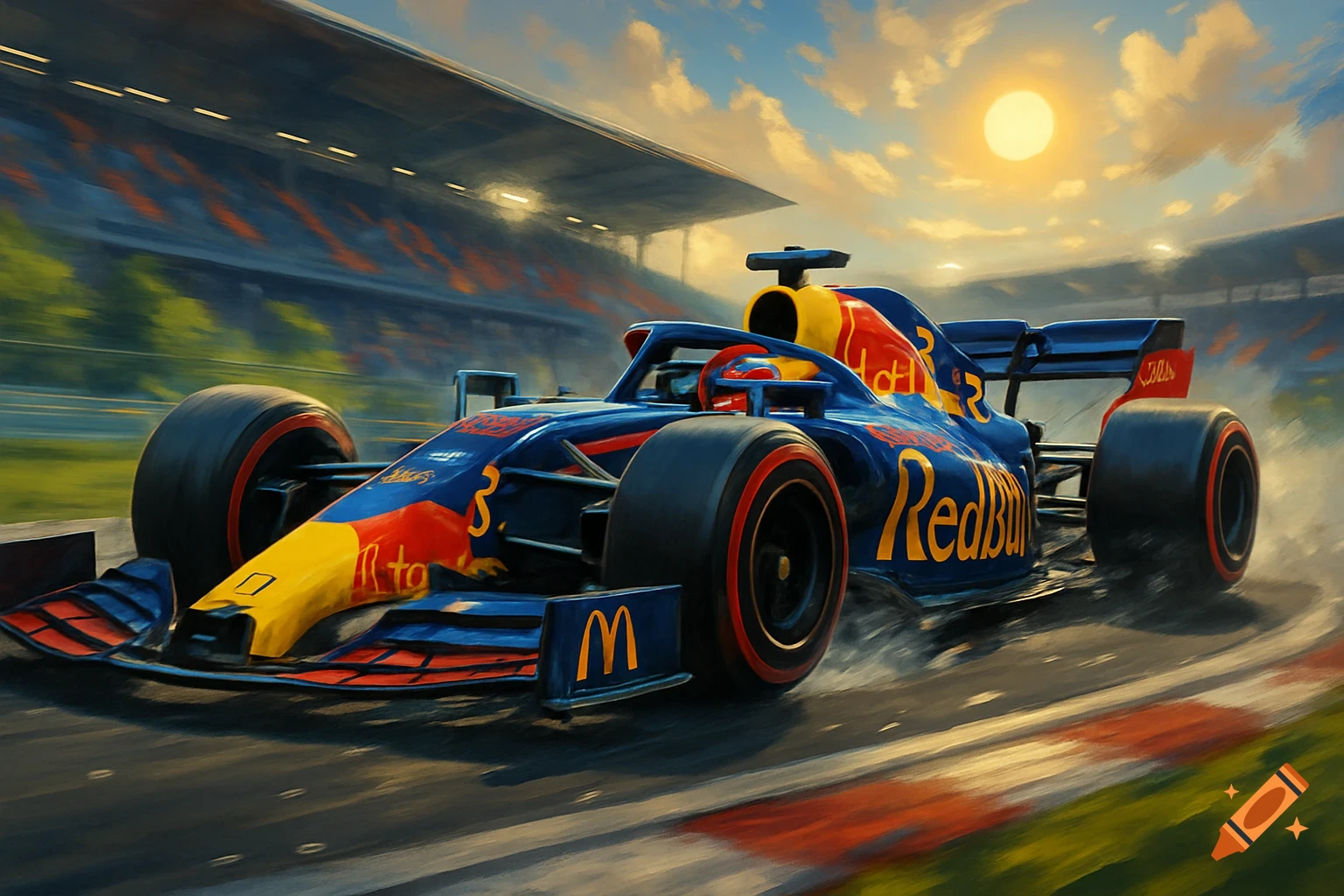 A stylized painting of a blue, red, and yellow Red Bull F1 car with a McDonald's logo, racing on a track under a dramatic sunset sky.