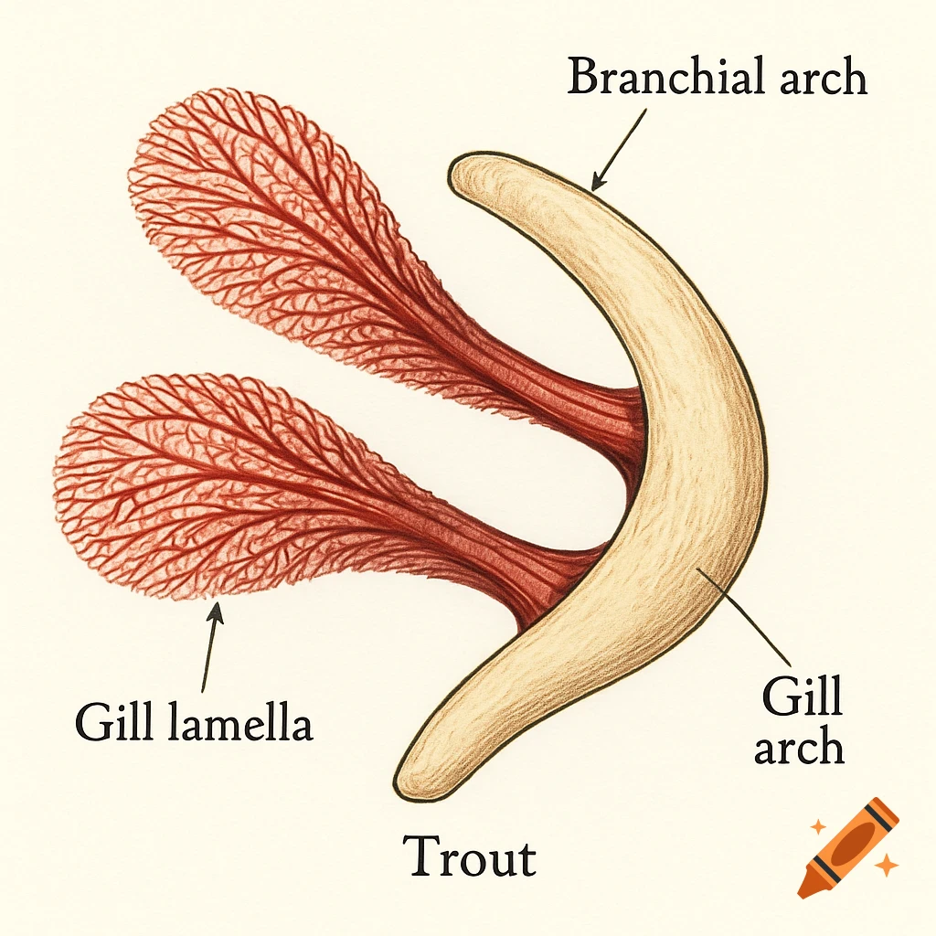 A scientific illustration of a trout gill showing the branchial arch, gill arch, and gill lamella.