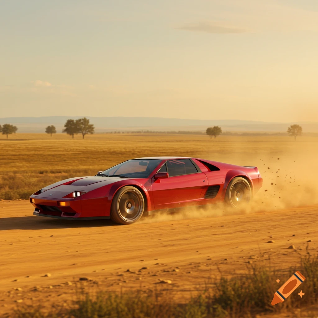 A red sports car drives on a dirt road, kicking up dust, under a sunset sky with fields and trees in the background.