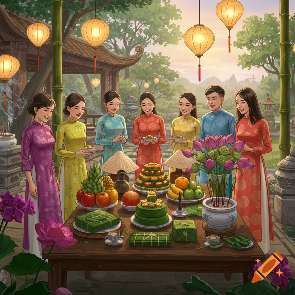 A group of people in traditional Vietnamese ao dai dresses celebrate around a table laden with food and lanterns in a lush garden.