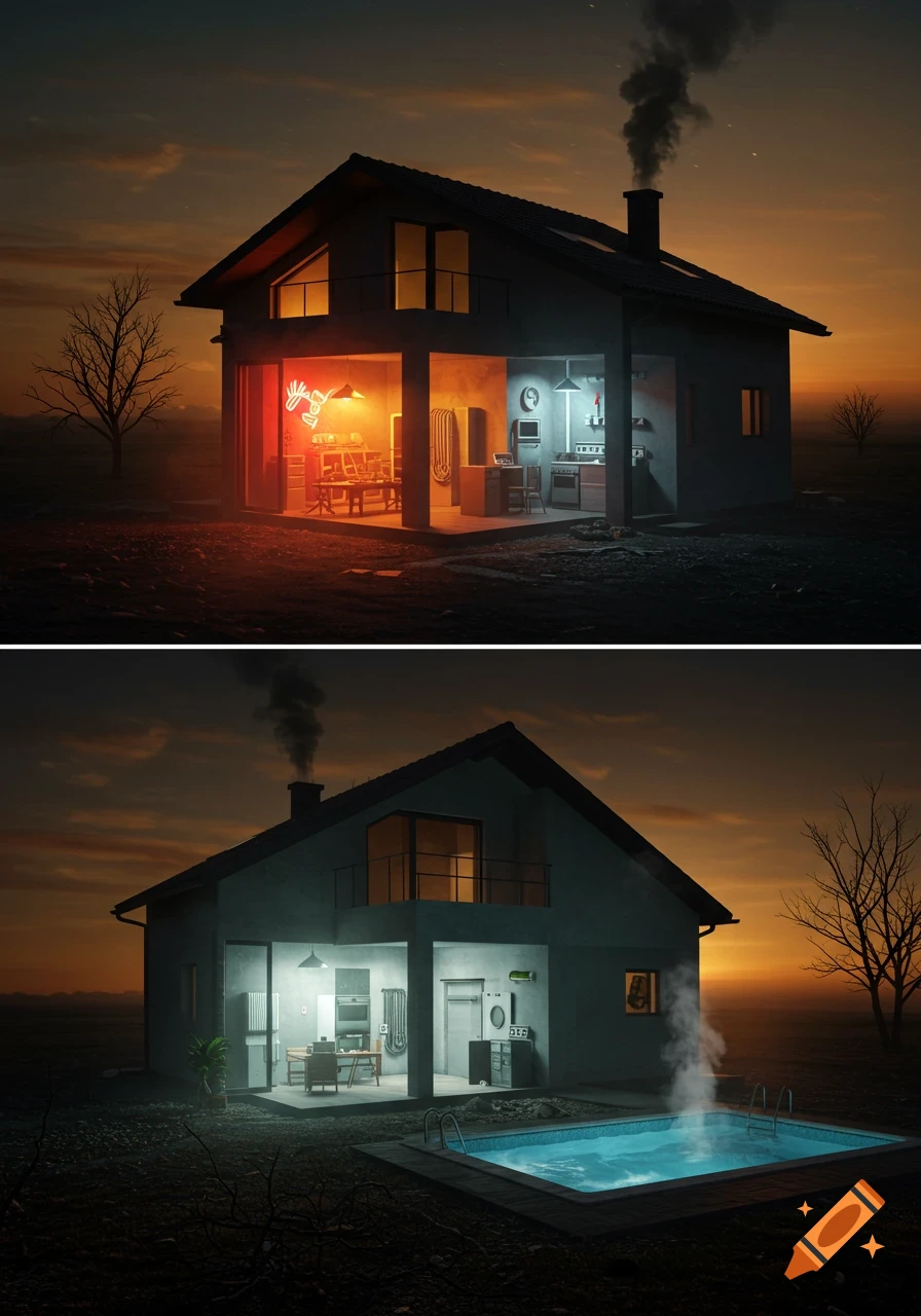 A two-panel image of a cutaway house at dusk, revealing a red-lit dining area, kitchen, and a swimming pool.