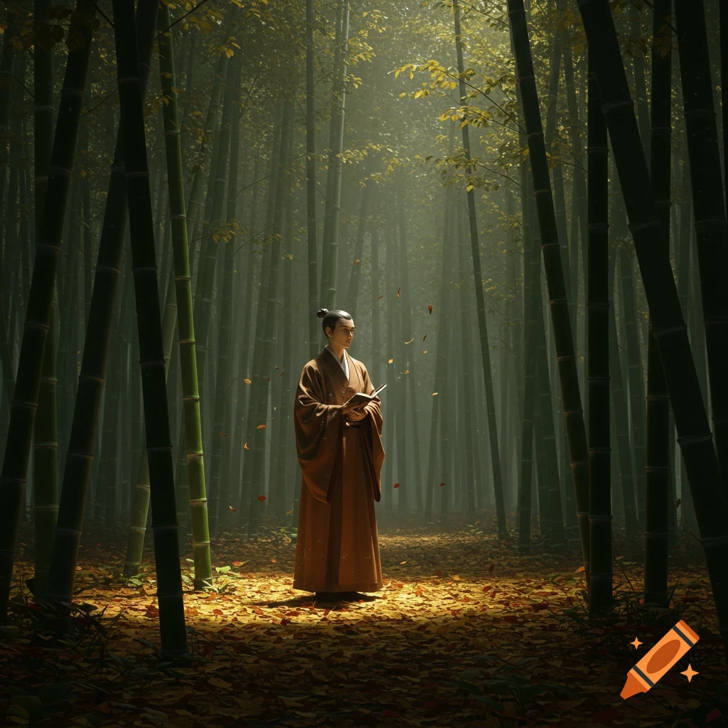 A person in traditional robes stands in a sunlit bamboo forest, holding a book in a photorealistic style.
