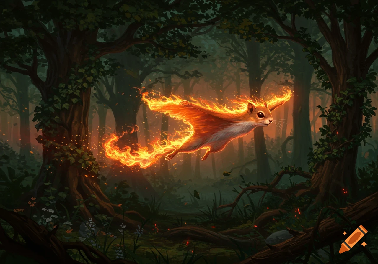 A flaming squirrel with wings of fire flies through a mystical, dark ...