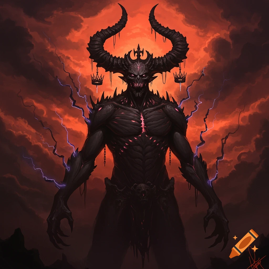 A menacing dark demon with large horns, glowing red eyes, and a muscular, spiky body stands against a fiery red and orange sky with lightning.