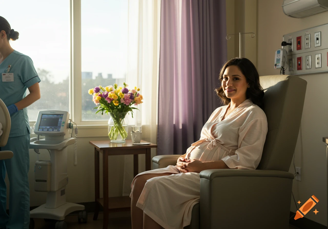 A smiling pregnant woman in a hospital gown sits in a chair in a sunlit hospital room with a nurse and medical equipment nearby.